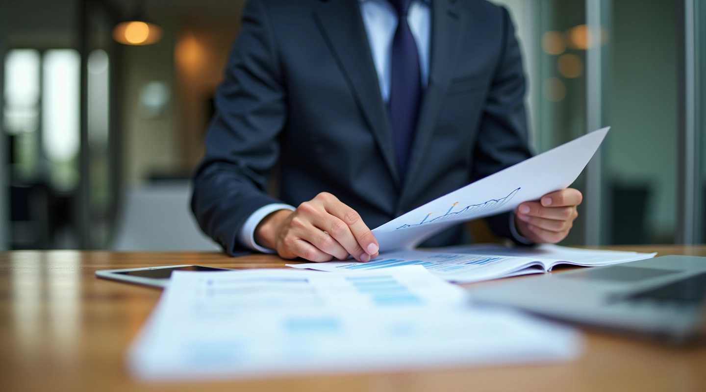 Professional analyst reviewing financial statements and accounting documents at desk